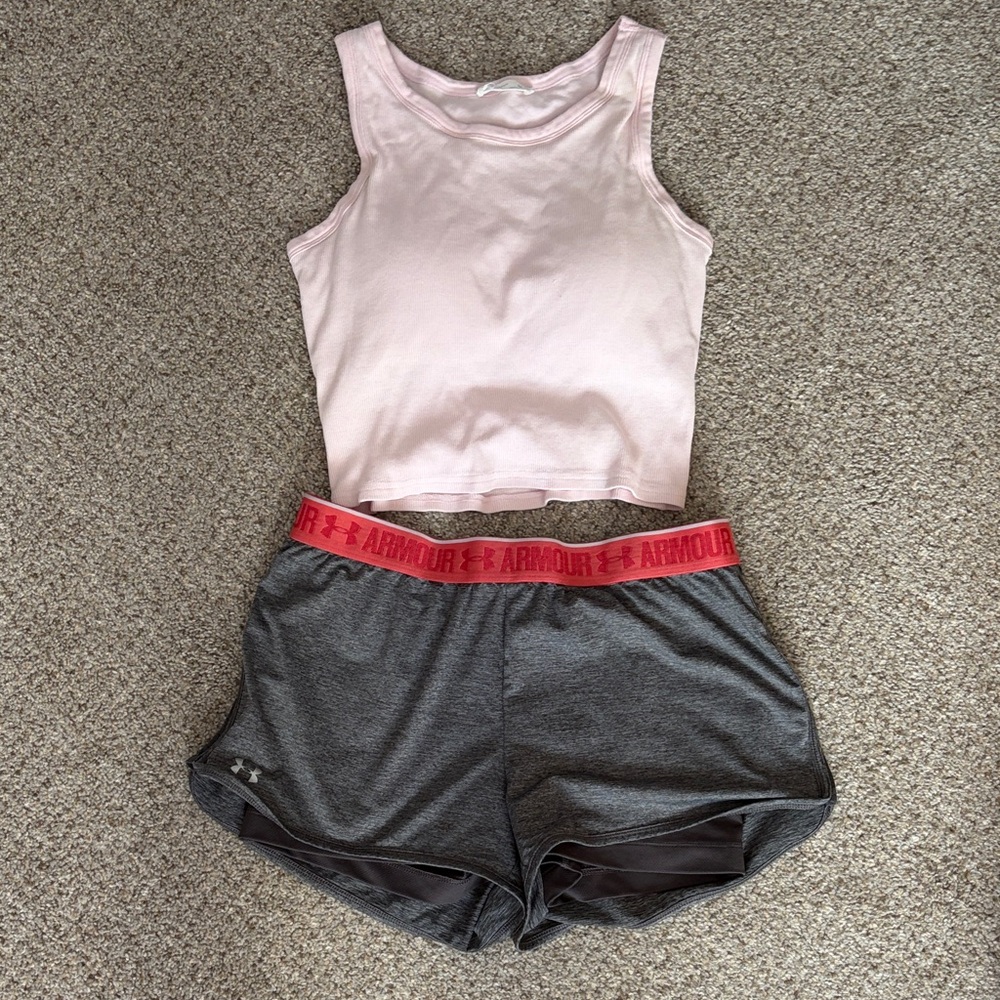 Under Armour Gray Athletic Shorts with pink crop tank top